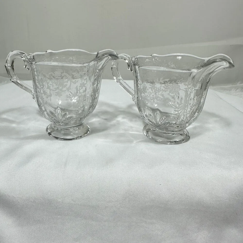 Fostoria Two Vintage Chintz Etched Glass Creamer Baroque